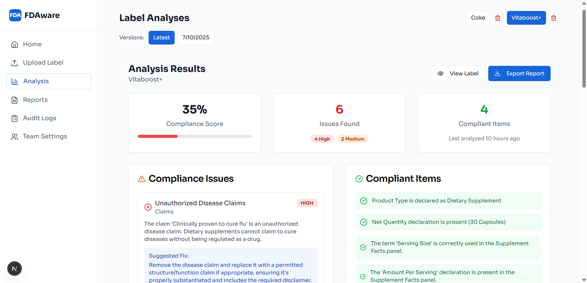 FDAware dashboard screenshot